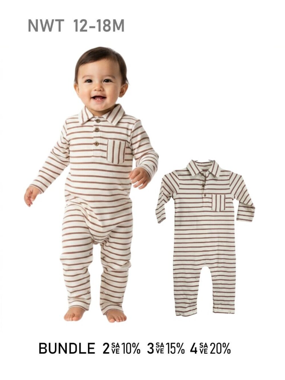 Me & Henry Stripe Polo Long Sleeve Romper - size 12/18m